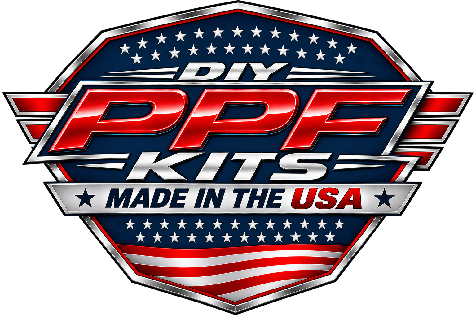 Logo for DIY PPF Kits, made in the USA, with a patriotic red, white, and blue color scheme featuring stars and stripes.