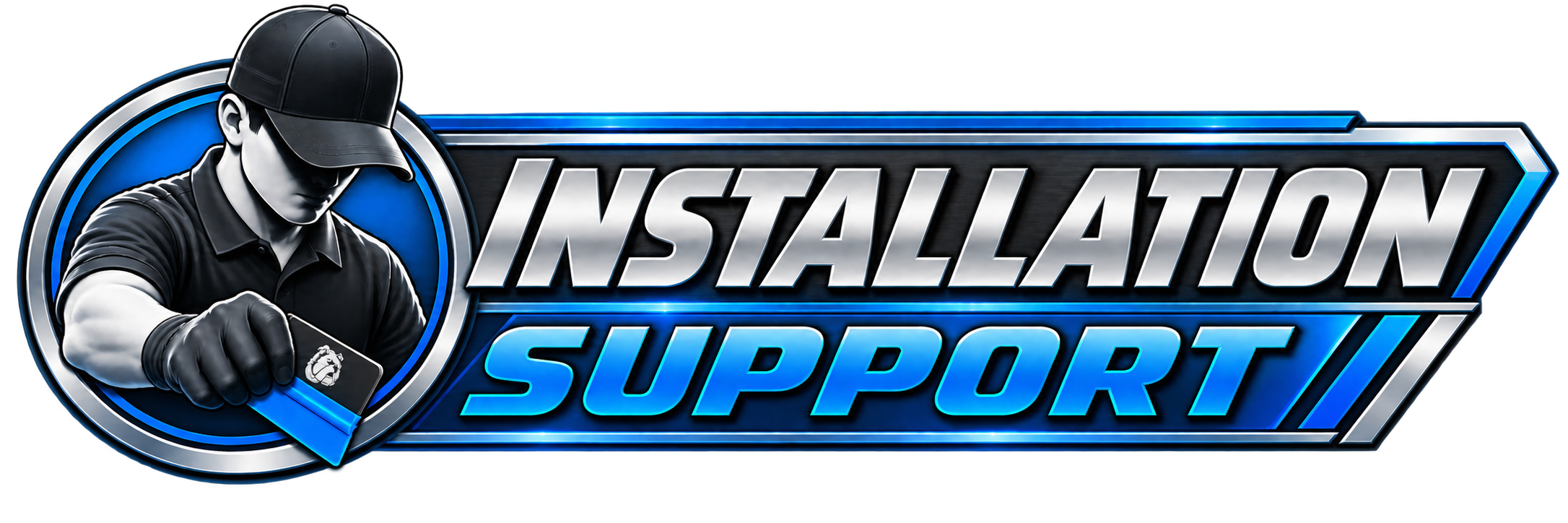 Logo with a person in black uniform holding a clipboard, the words 'Installation Support' in metallic and blue font.
