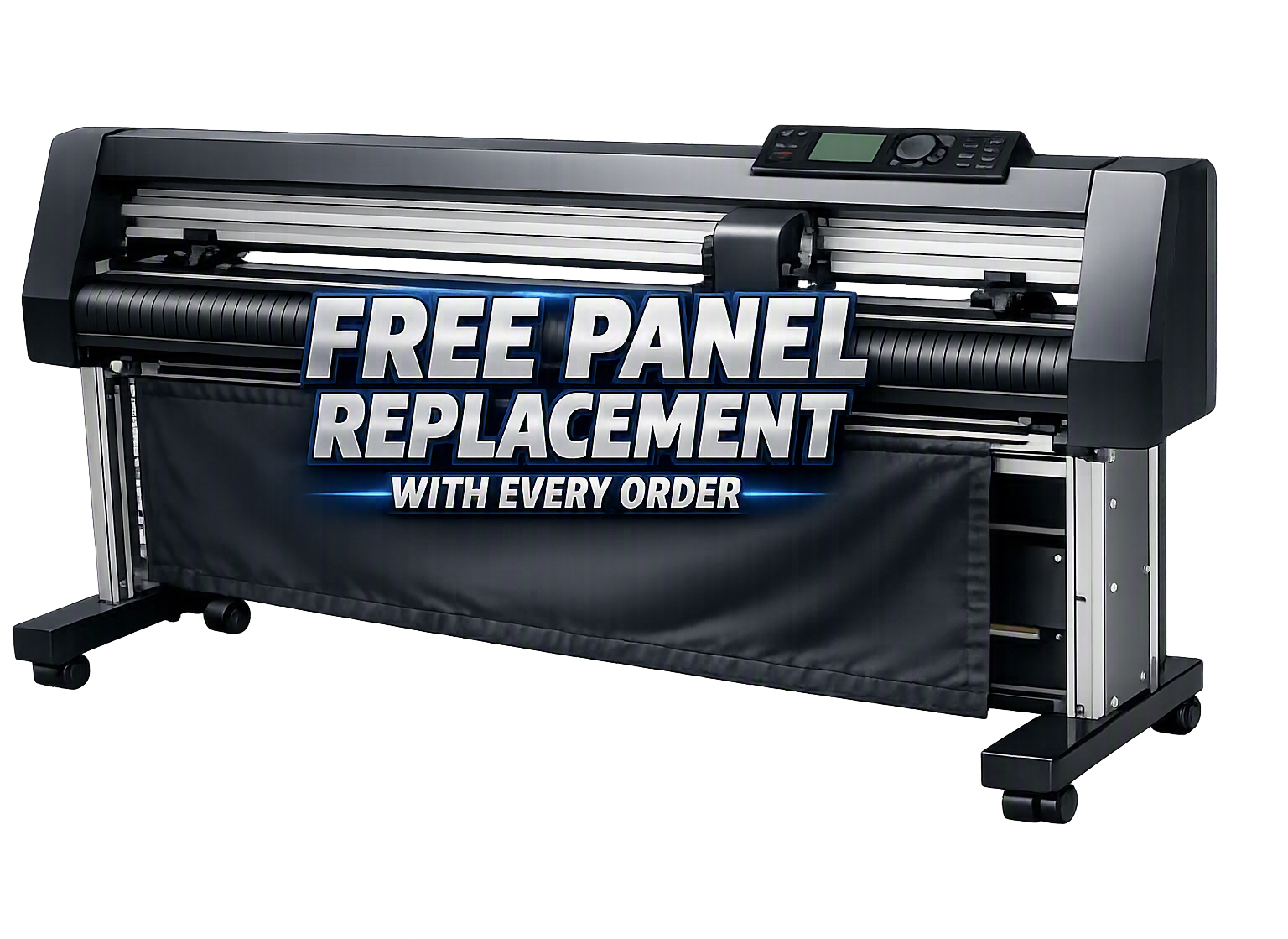 Cricut cutting machine with a promotional overlay stating 'Free panel replacement with every order' in bold letters.