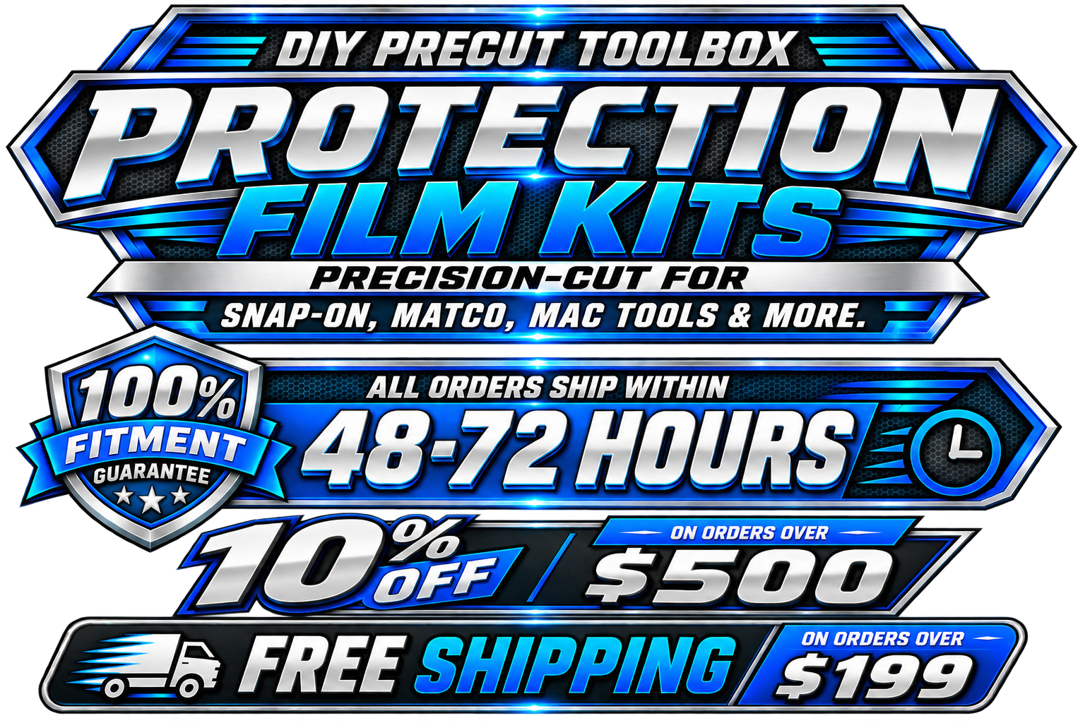 Promotional graphic for DIY pre-cut protection film kits, highlighting precision-cut kits for various toolboxes, 100% fitment guarantee with 48-72 hour shipping, 10% discount on orders over $500, and free shipping on orders over $199.