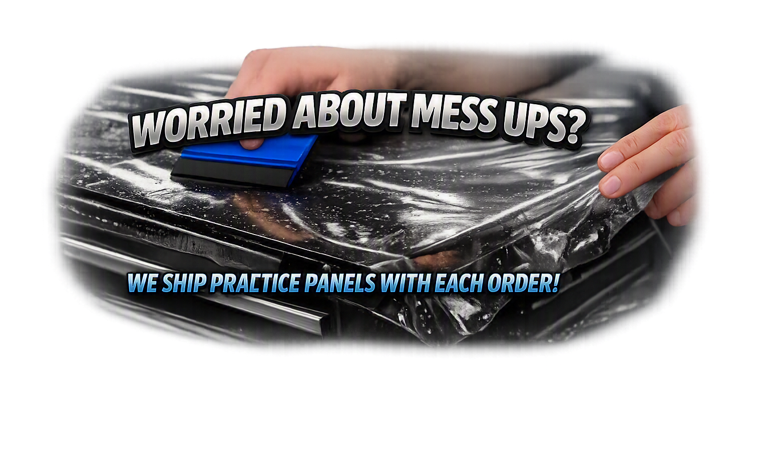 Hands applying black practice panels covered with plastic wrap with text overlay stating, "Worried about mess ups?" and "We ship practice panels with each order!".