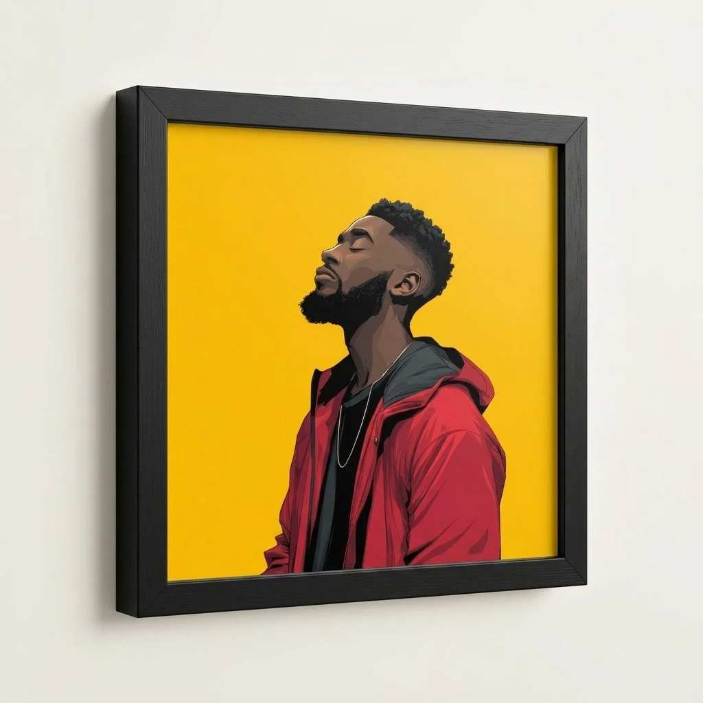 Angled product detail of Quiet Conviction framed wall art showing the black frame edge and corner.