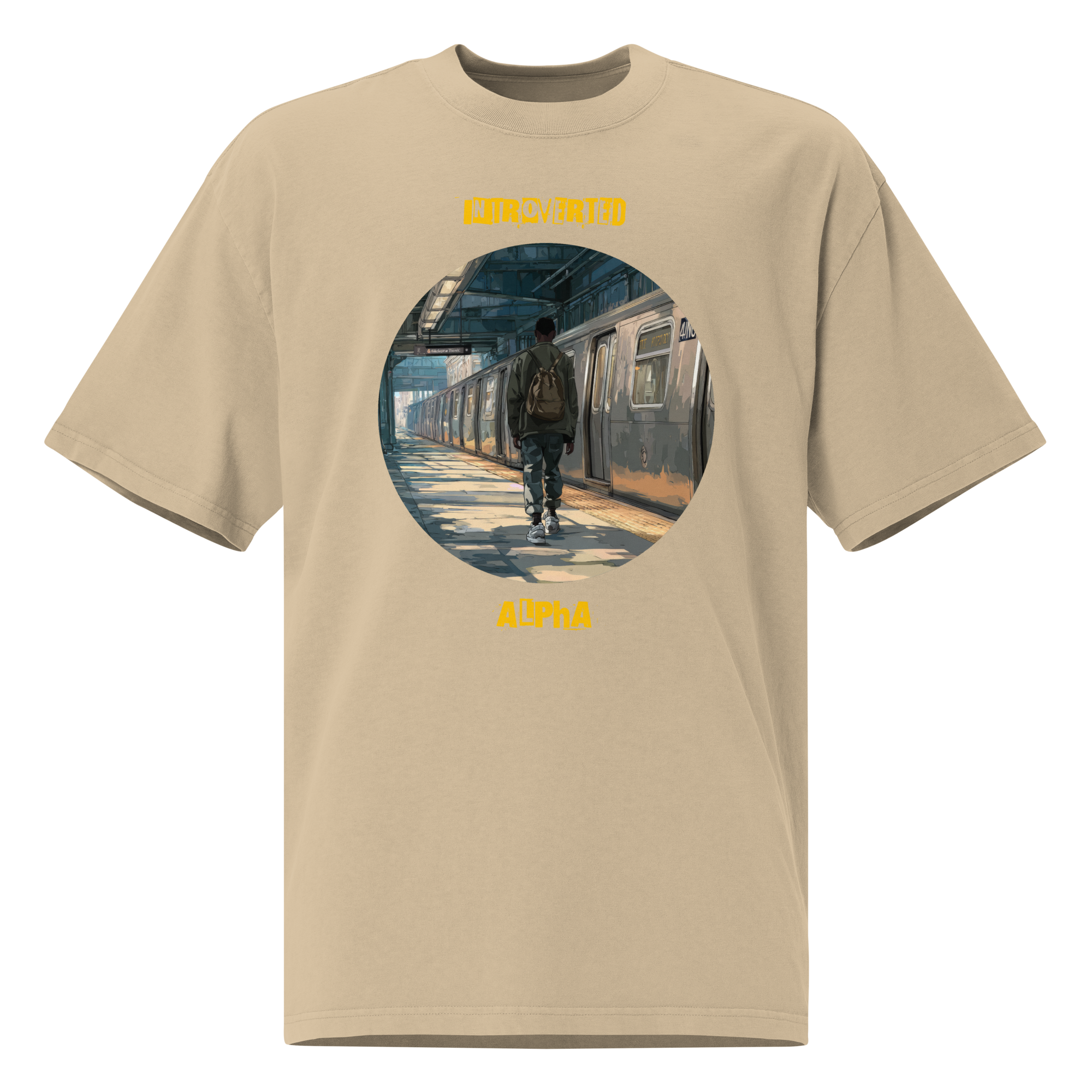 IntrovertedAlpha™ Oversized Faded T-Shirt in Faded Khaki for men, neutral oversized T-shirt with casual streetwear style