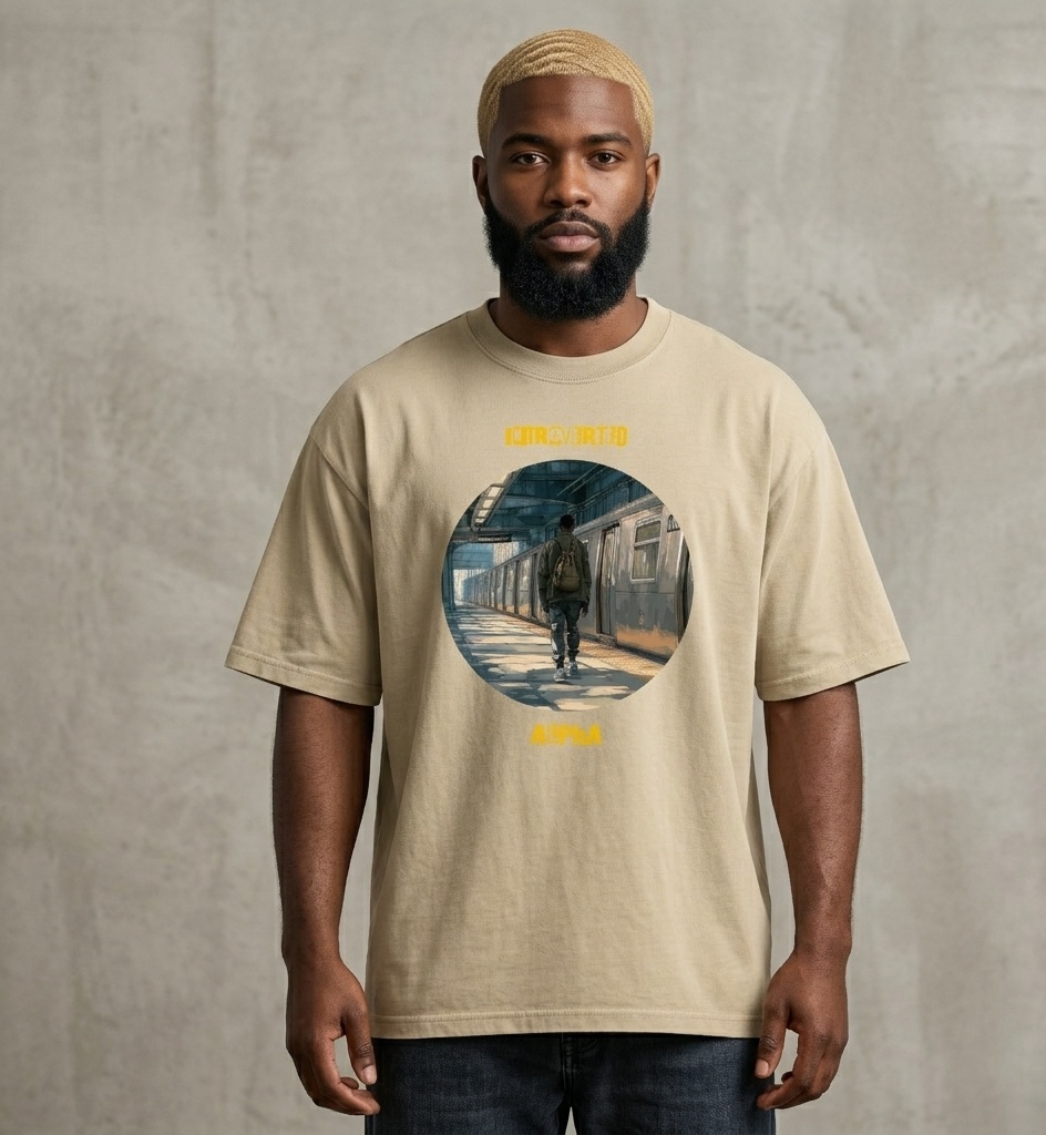 IntrovertedAlpha™ Oversized Faded T-Shirt in Faded Khaki for men, neutral oversized T-shirt with casual streetwear style