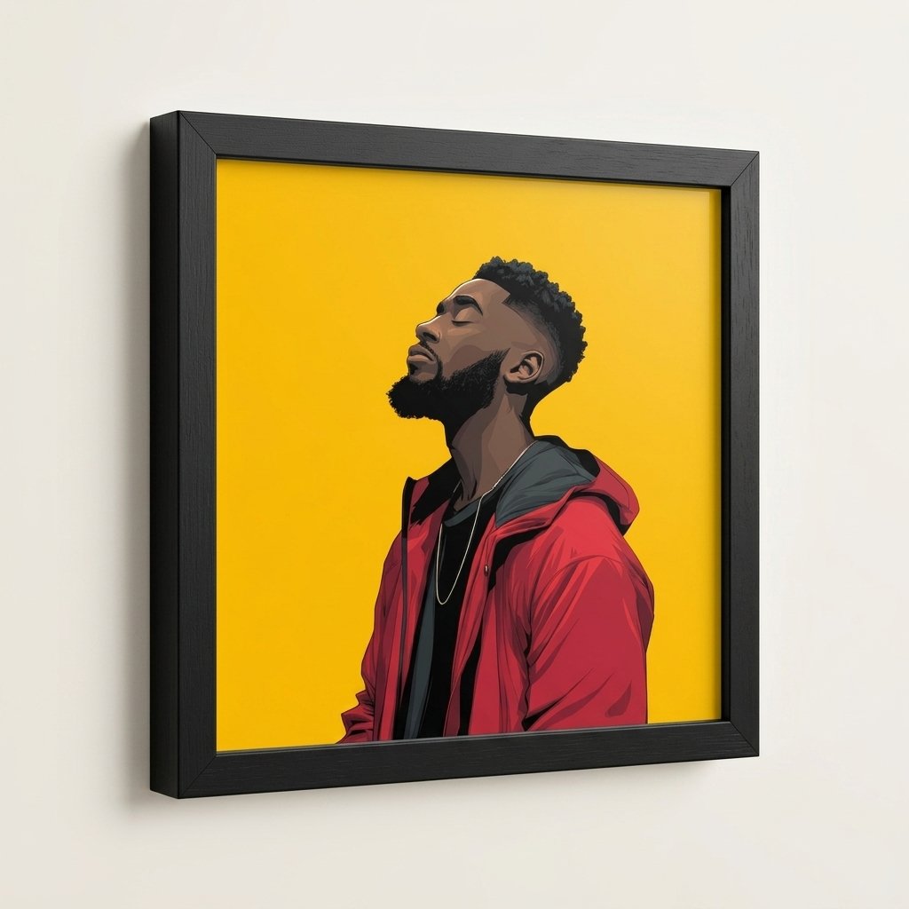 Angled product detail of Quiet Conviction framed wall art showing the black frame edge and corner.