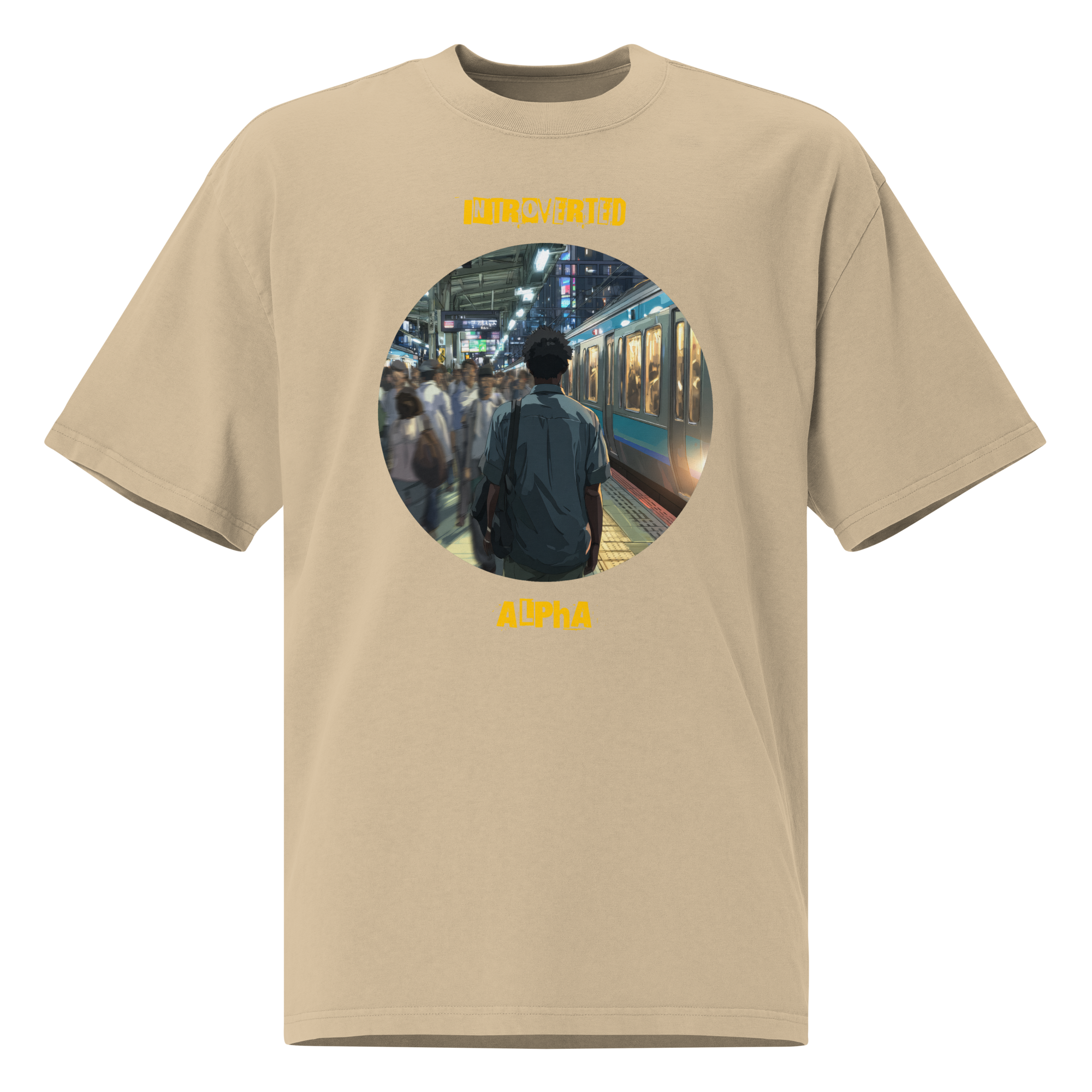 IntrovertedAlpha™ Oversized Faded T-Shirt in Faded Khaki for men, neutral oversized T-shirt with casual streetwear style