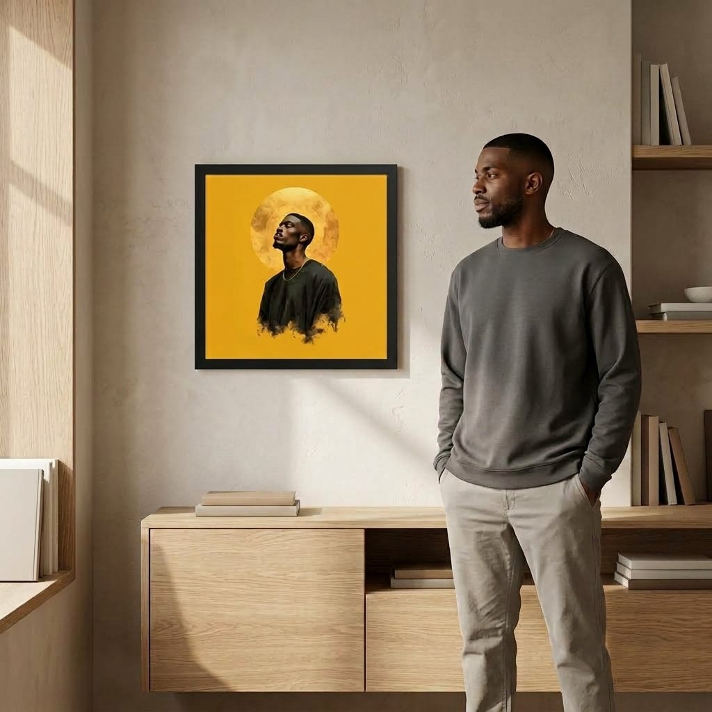 Higher Ground framed wall art displayed in an interior with an adult man nearby to show human scale.