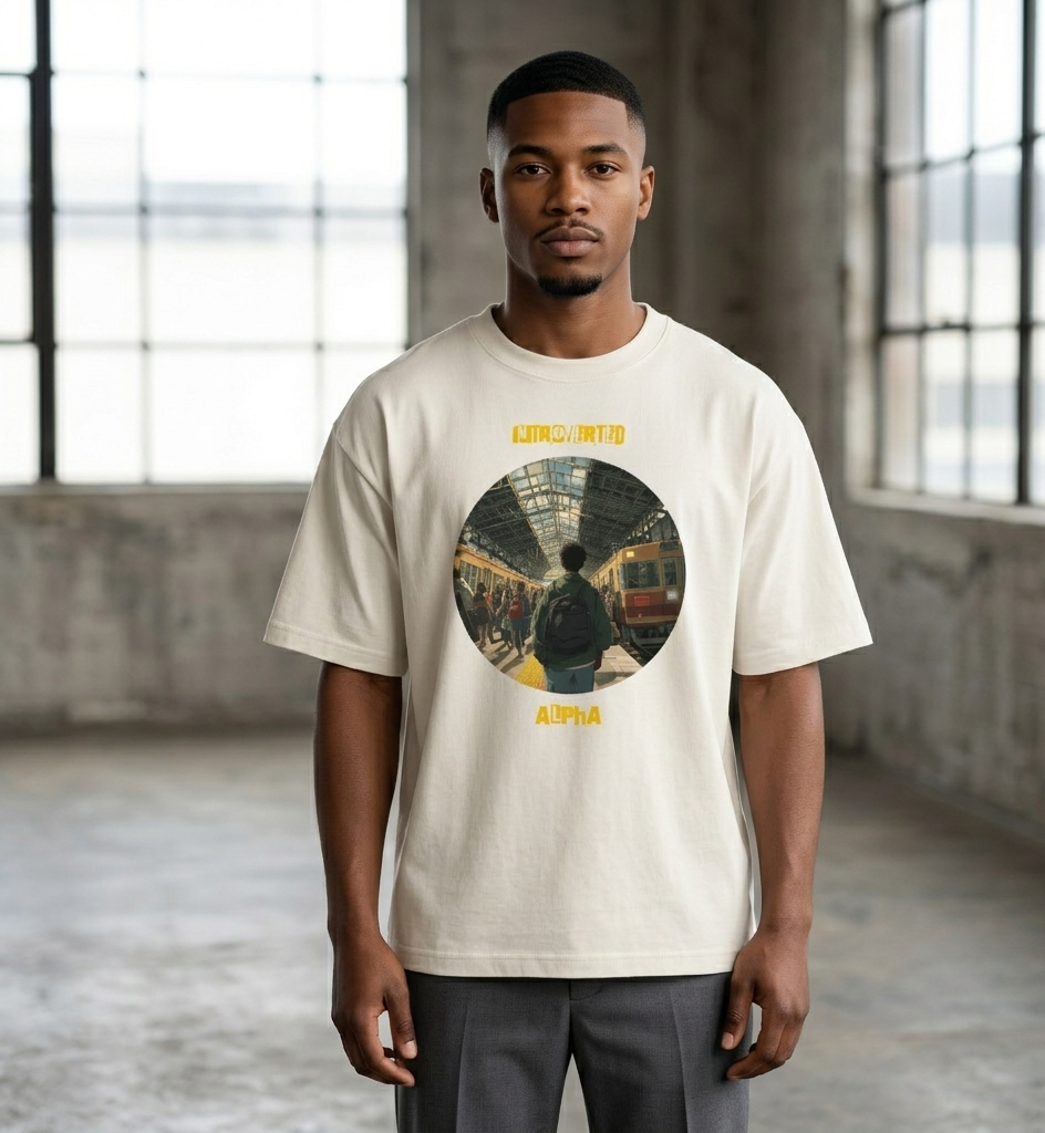 IntrovertedAlpha™ Oversized Faded T-Shirt in Faded Bone for men, soft neutral oversized T-shirt with a minimalist streetwear feel