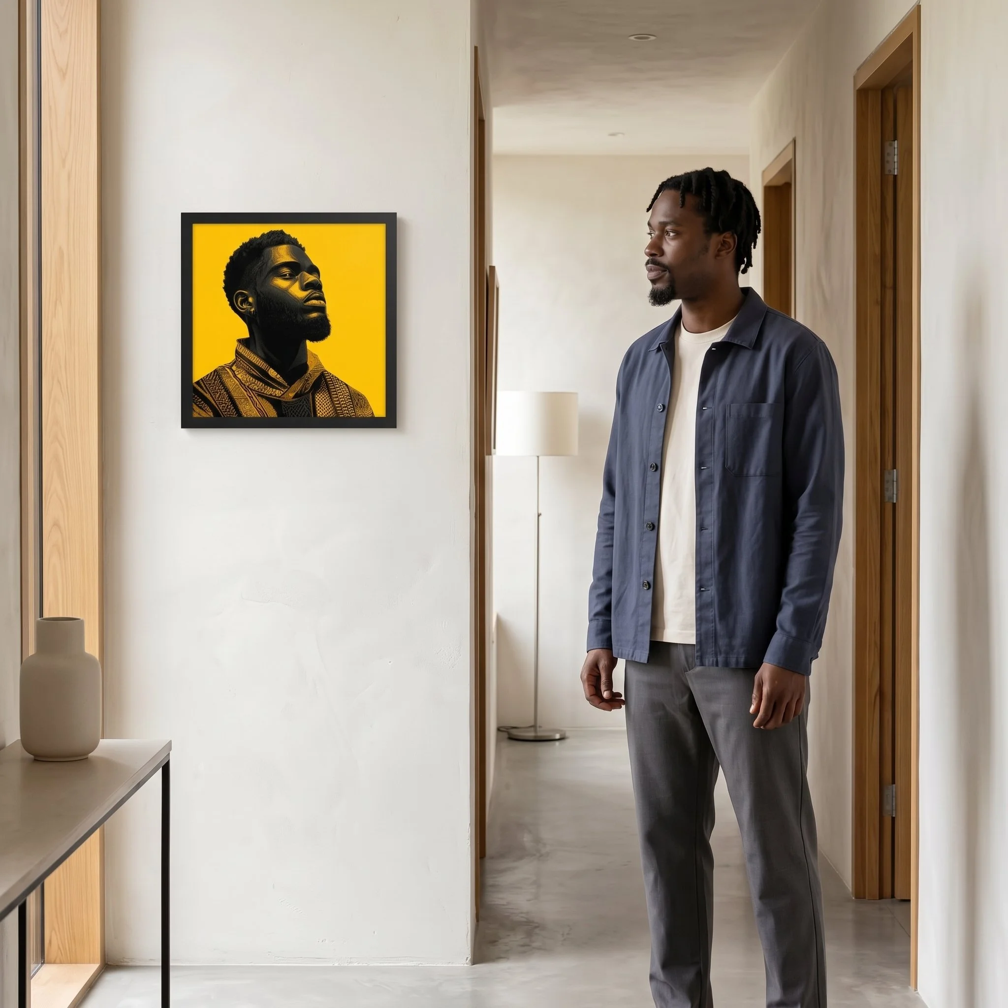 Unshaken framed wall art displayed in an interior with an adult man nearby to show human scale.