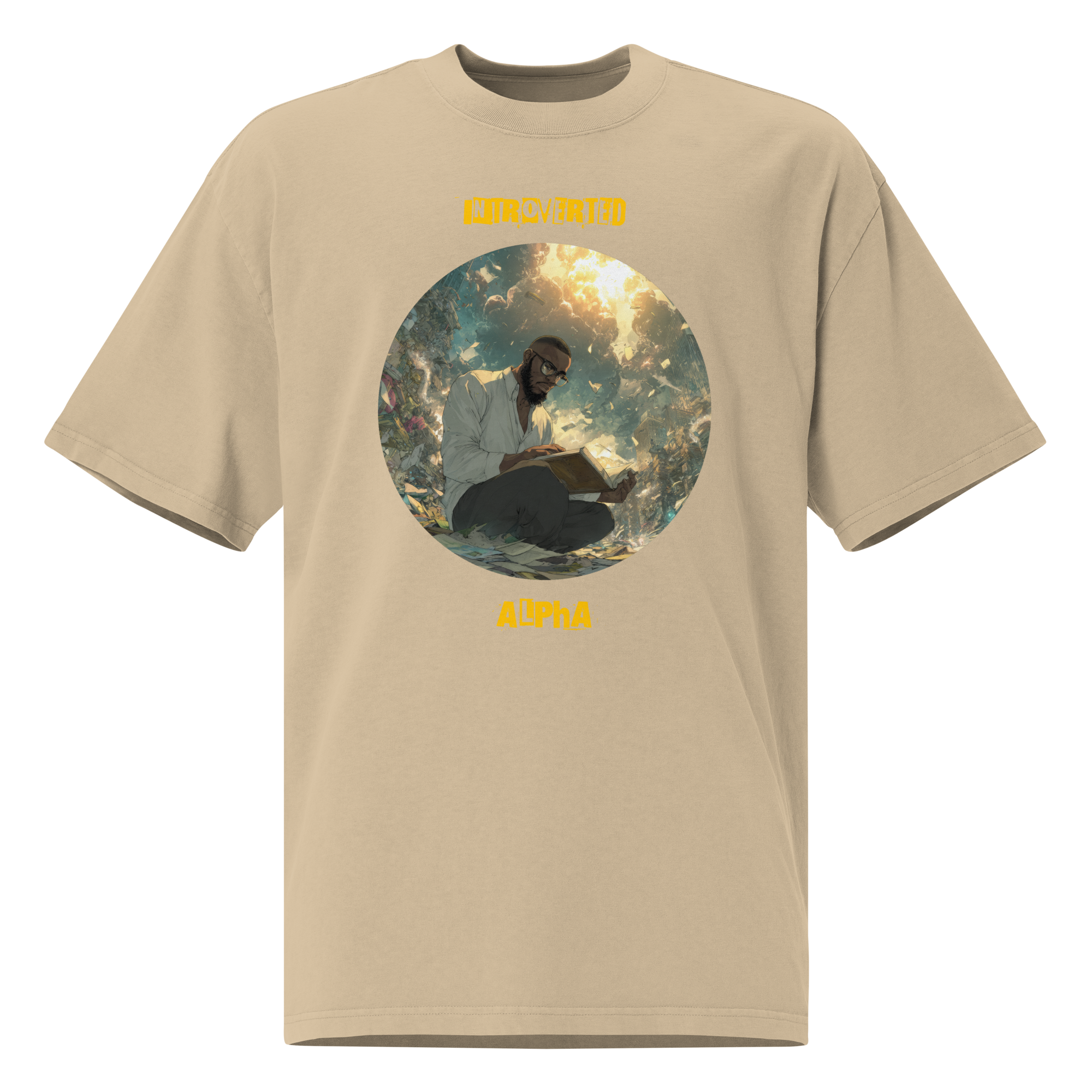 IntrovertedAlpha™ Oversized Faded T-Shirt in Faded Khaki for men, neutral oversized T-shirt with casual streetwear style