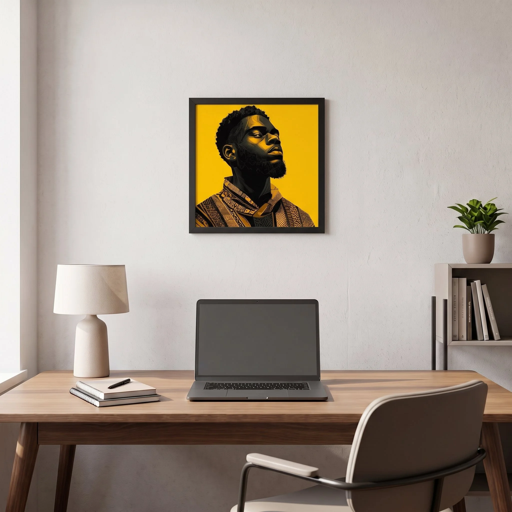 Unshaken framed wall art displayed in a home-office setting, showing the artwork at realistic residential scale.