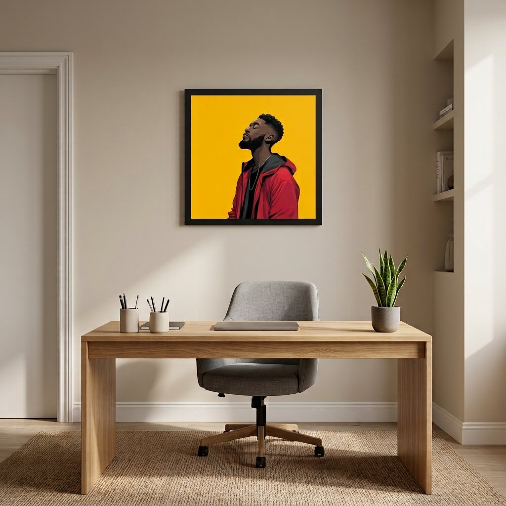 Quiet Conviction framed wall art displayed in a home-office setting, showing the artwork at realistic residential scale.