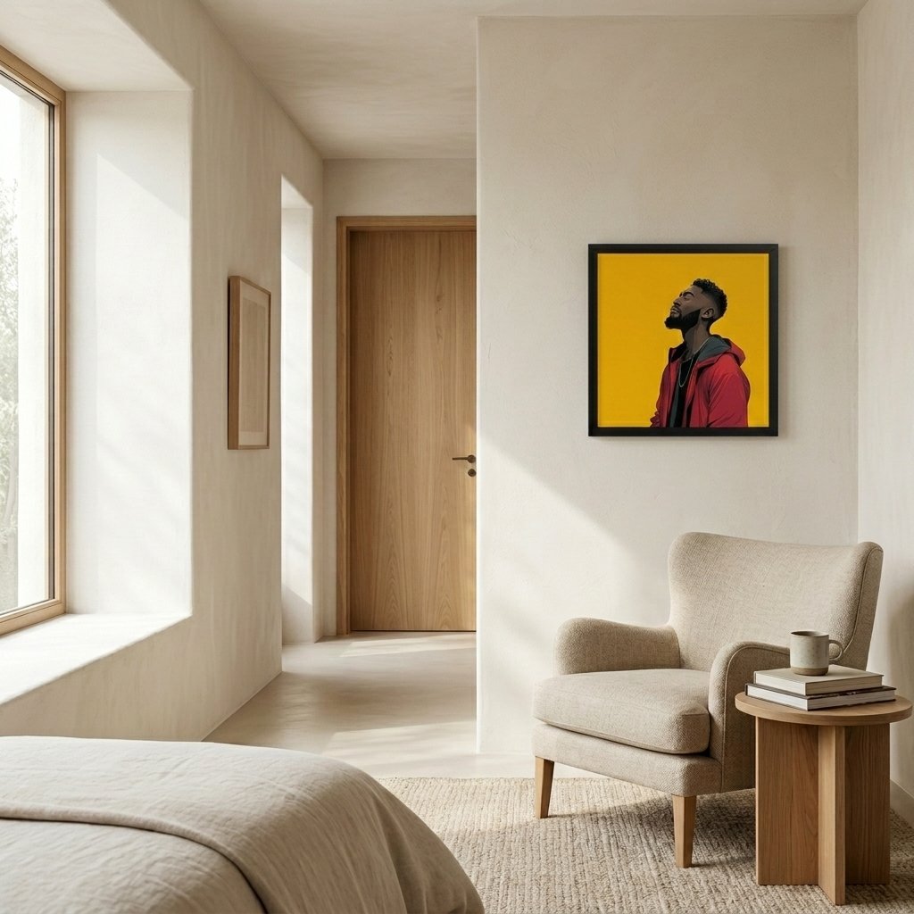 Quiet Conviction framed wall art displayed in an alternative residential lifestyle interior without people.