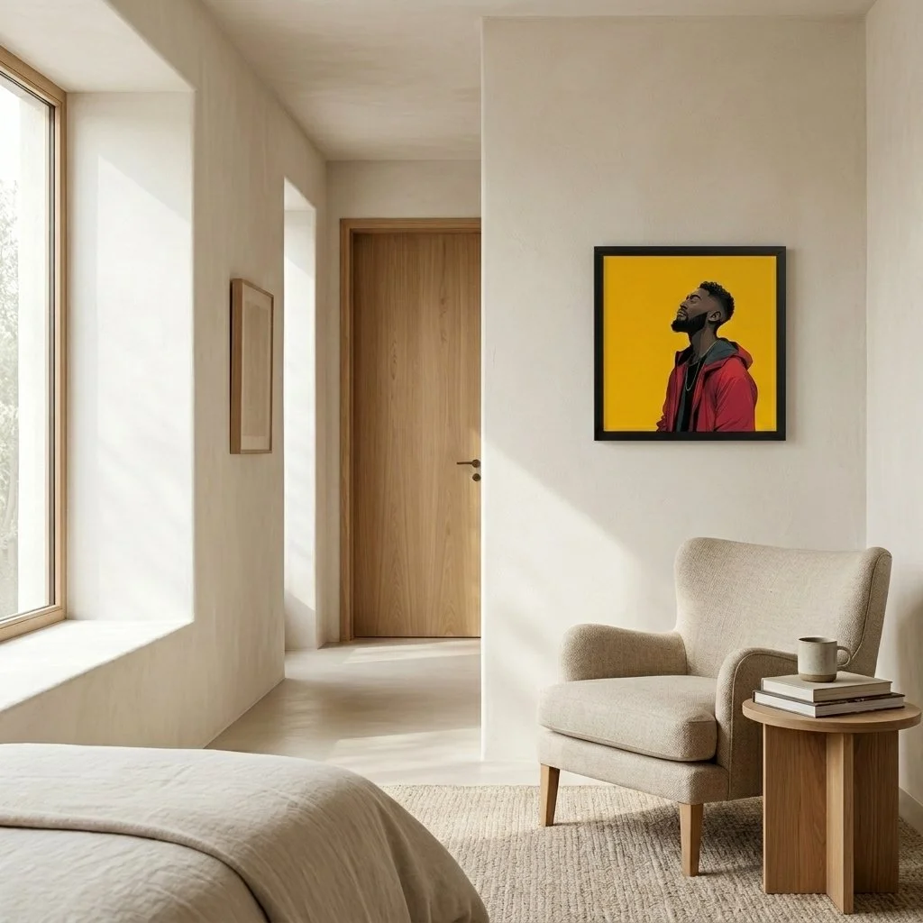 Quiet Conviction framed wall art displayed in an alternative residential lifestyle interior without people.