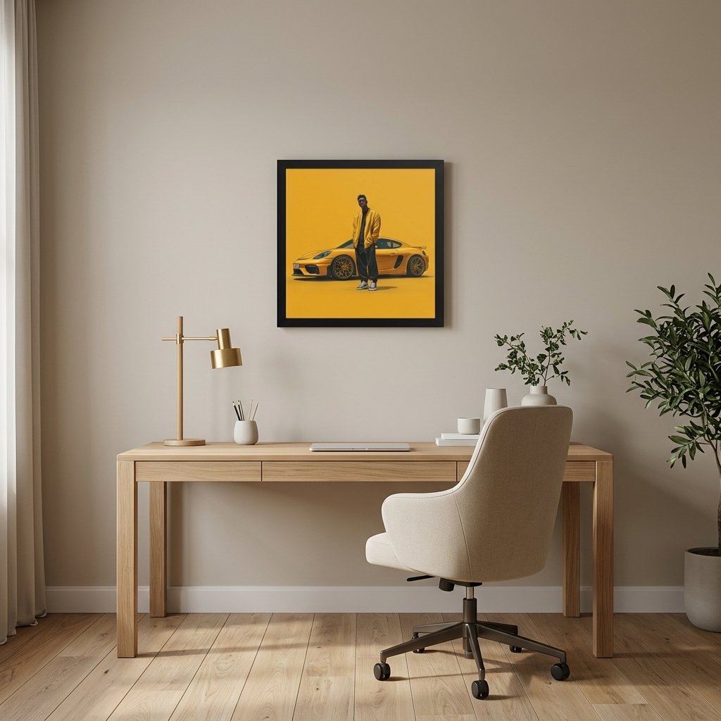 Earned Presence framed wall art displayed in a home-office setting, showing the artwork at realistic residential scale.