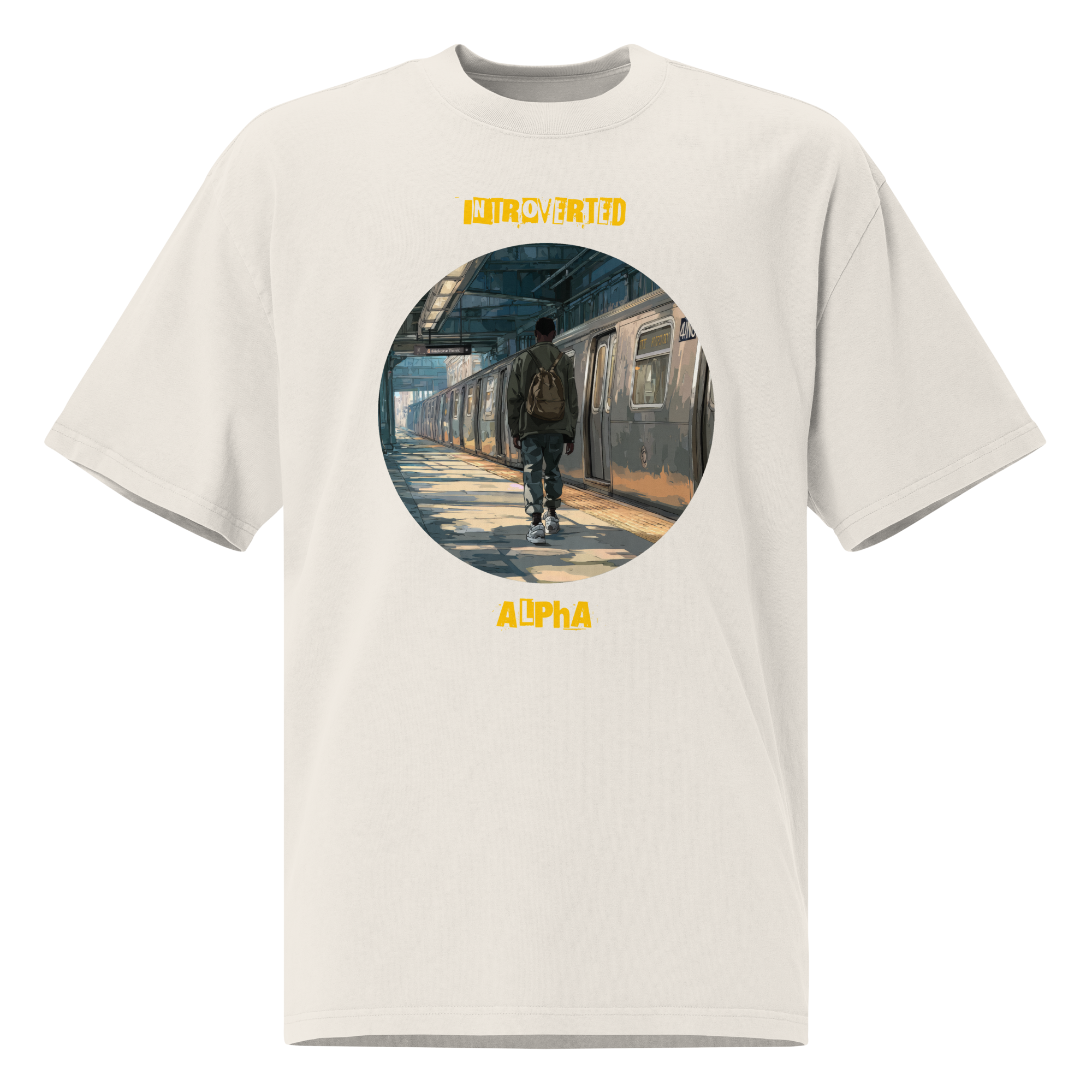 IntrovertedAlpha™ Oversized Faded T-Shirt in Faded Bone for men, soft neutral oversized T-shirt with a minimalist streetwear feel