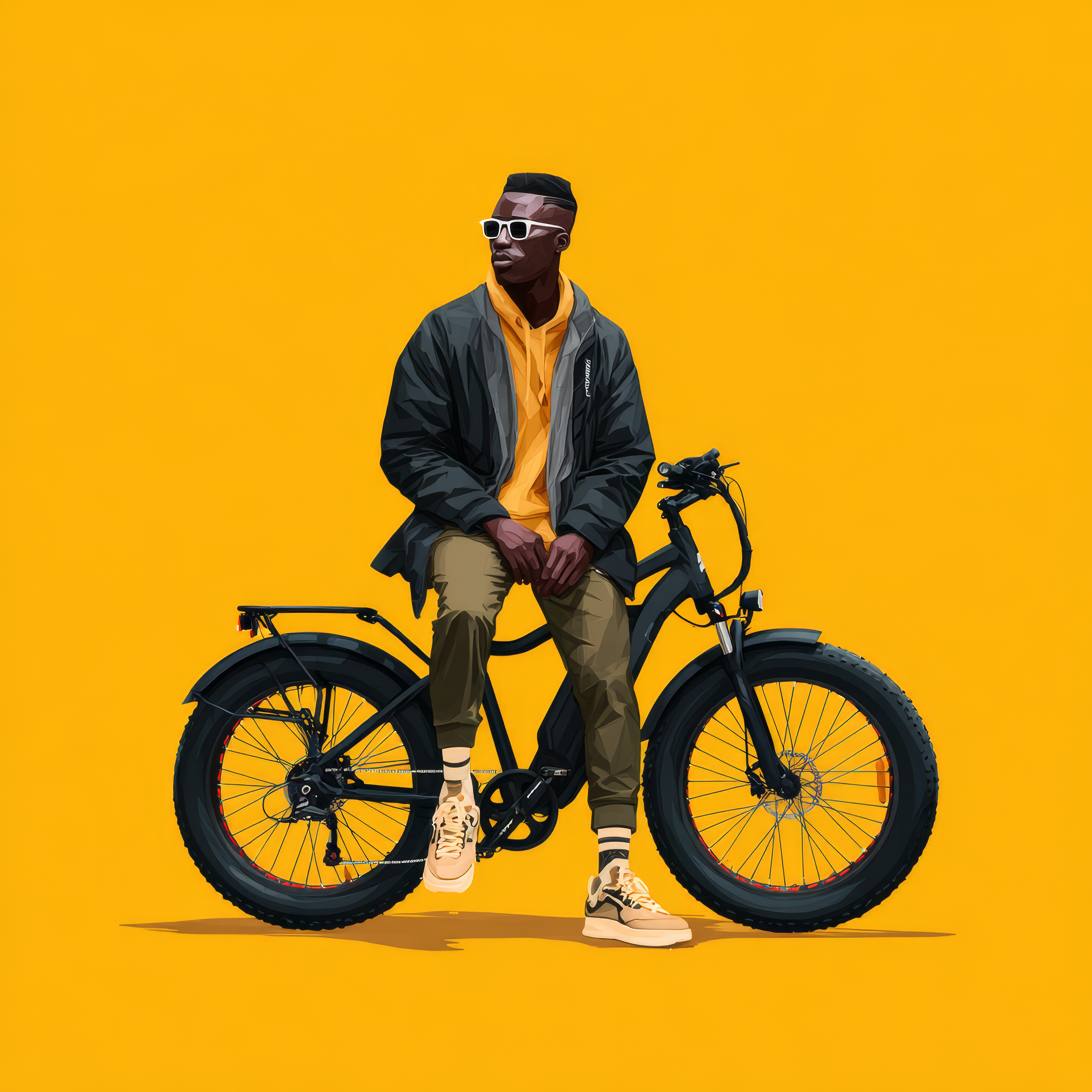 A young man sitting on a black electric bicycle against a solid yellow background, wearing sunglasses, a yellow hoodie, a black jacket, brown pants, and beige sneakers.