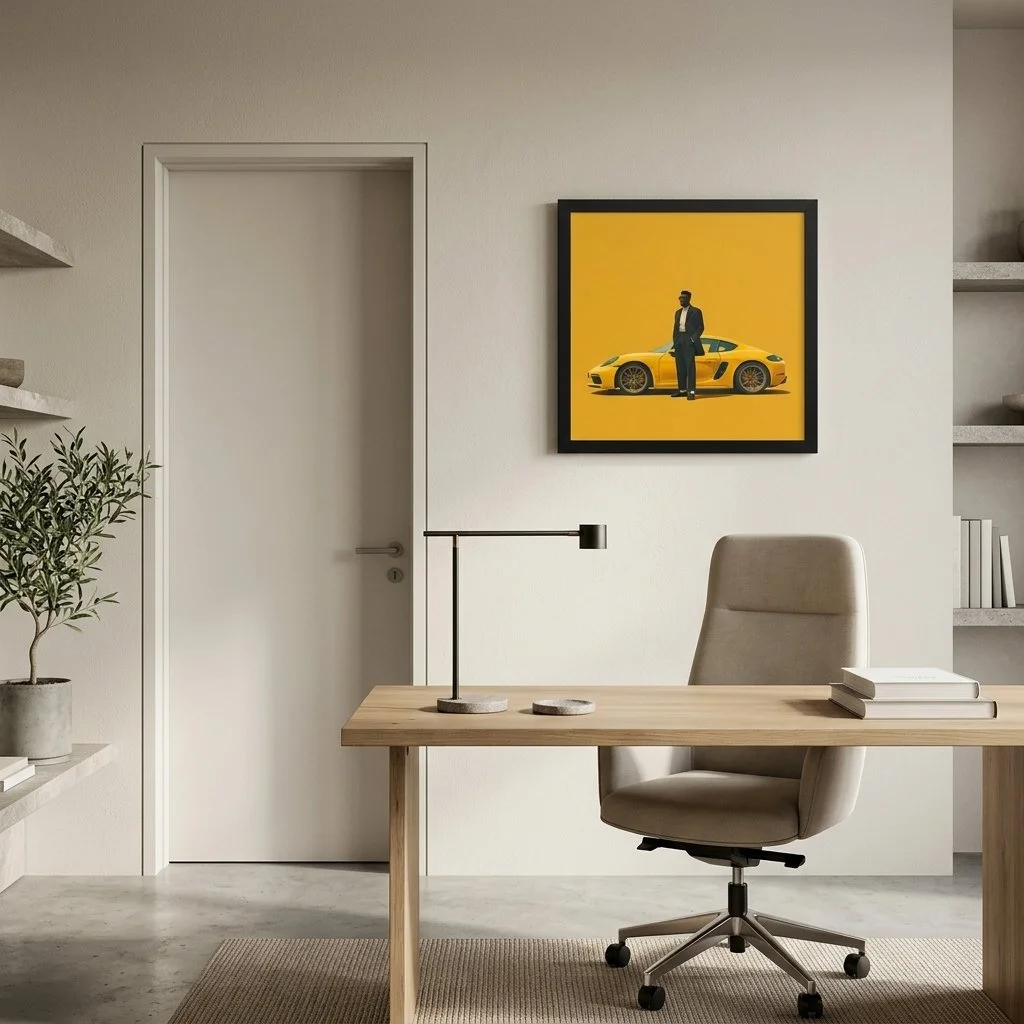 Quiet Arrival framed wall art displayed in a home-office setting, showing the artwork at realistic residential scale.