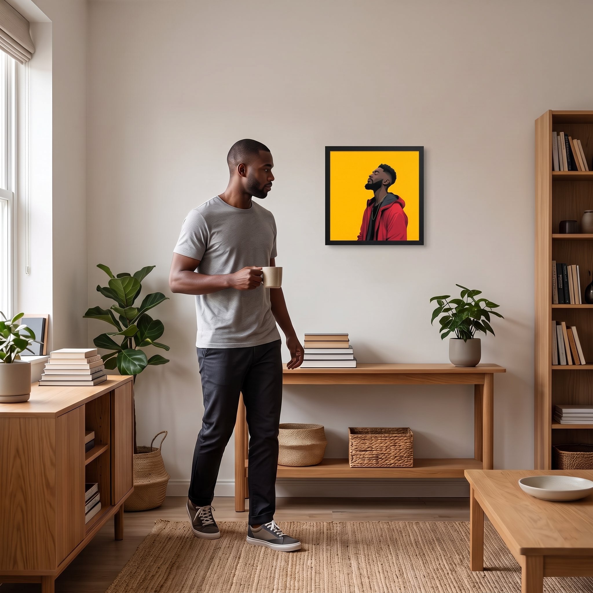 Quiet Conviction framed wall art displayed in an interior with an adult man nearby to show human scale.