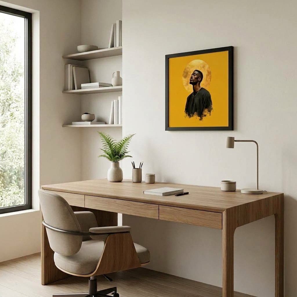 Higher Ground framed wall art displayed in a home-office setting, showing the artwork at realistic residential scale.
