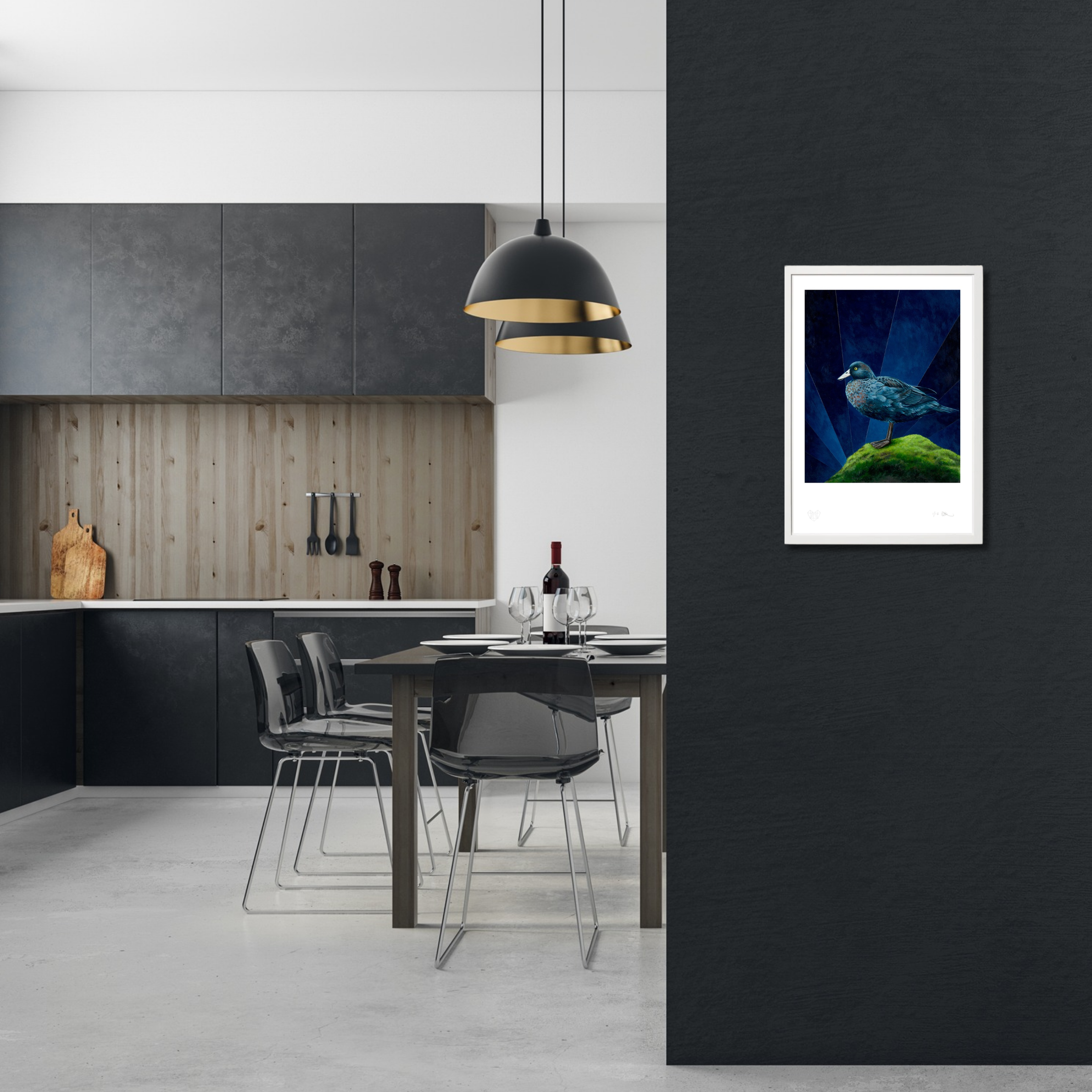 Whio print blue duck black wall in kitchen mockup (2).png