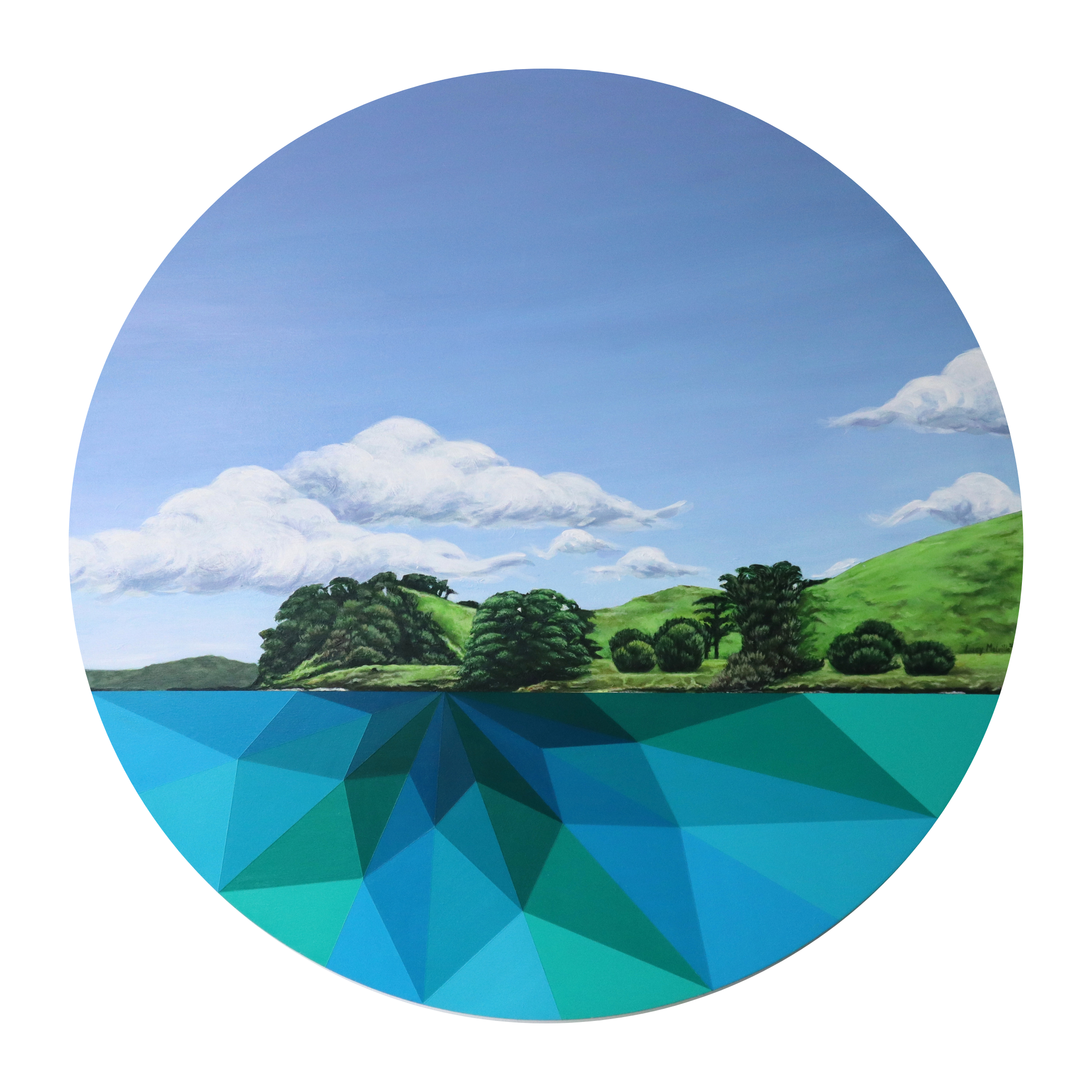 Edge of Motukorea Original Painting of Browns Island by New Zealand Artist Lucy Melville 80cm diameter circular piece.png