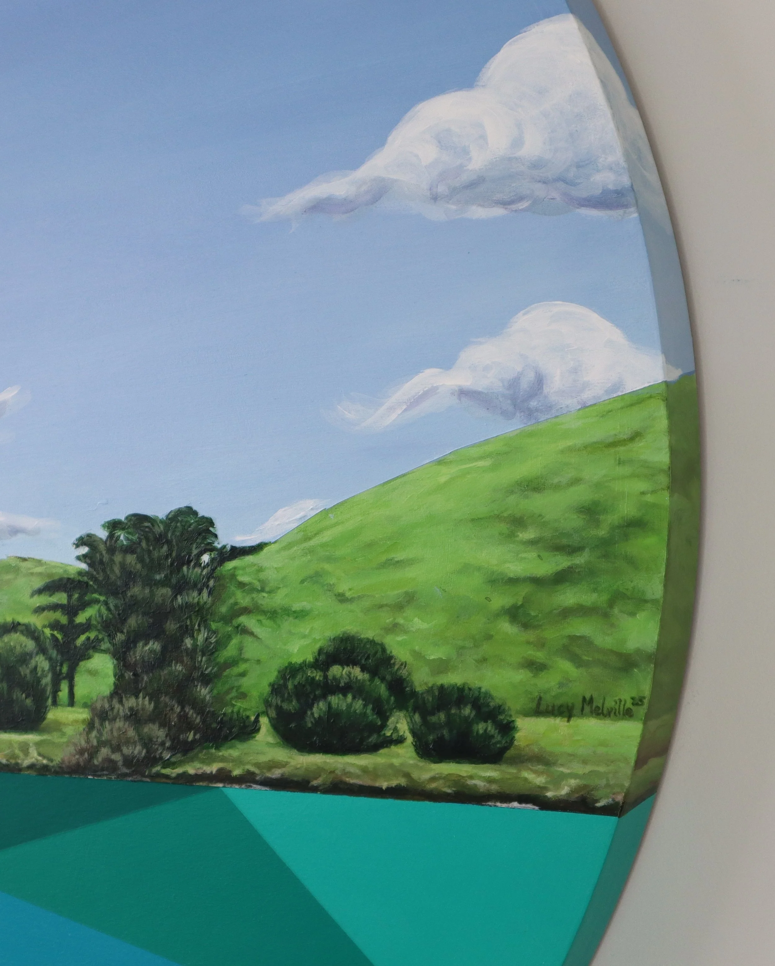Edge of Motukorea Original Painting of Browns Island by New Zealand Artist Lucy Melville Detail of land and clouds.JPG