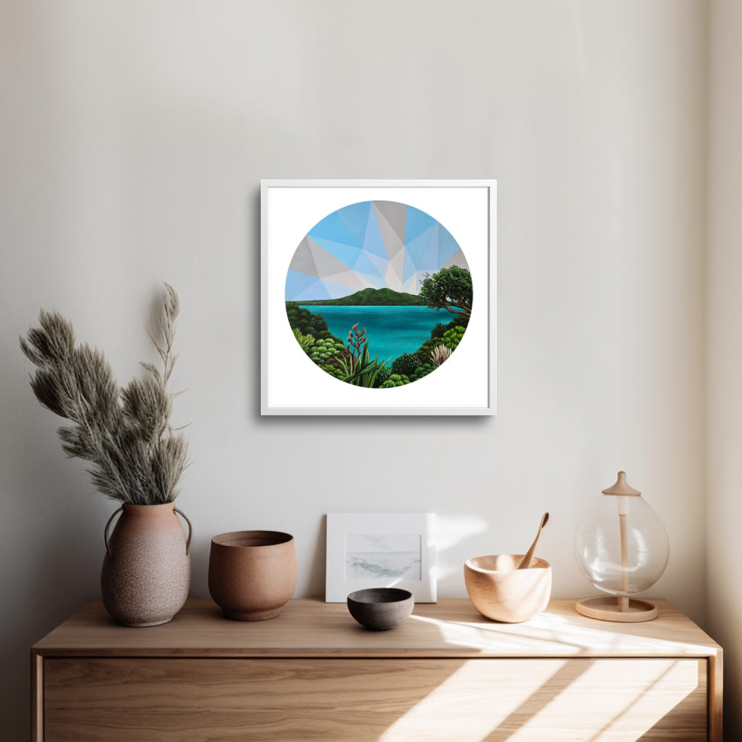 Portal To New Zealand feat Rangitoto by New Zealand Artist Lucy Melville Limited Edition Print framed.png