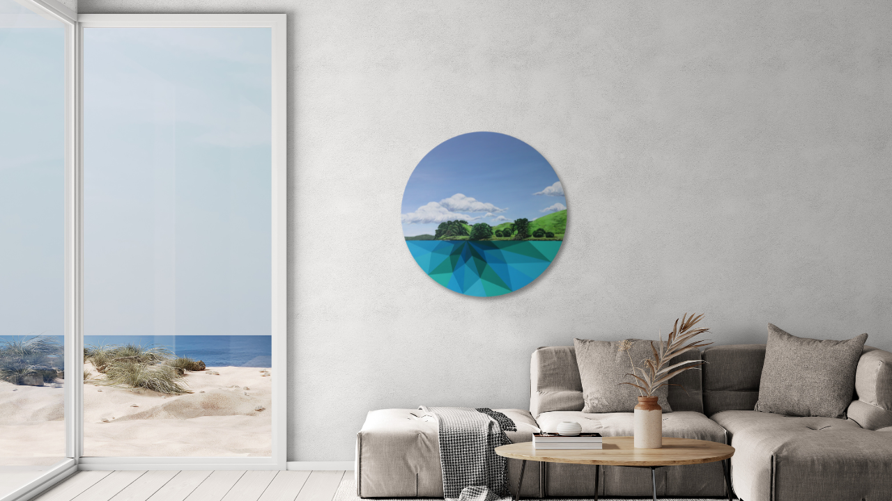 Edge of Motukorea Browns Island original geometric acrylic painting by New Zealand artist Lucy Melville. Mockup in lounge.png