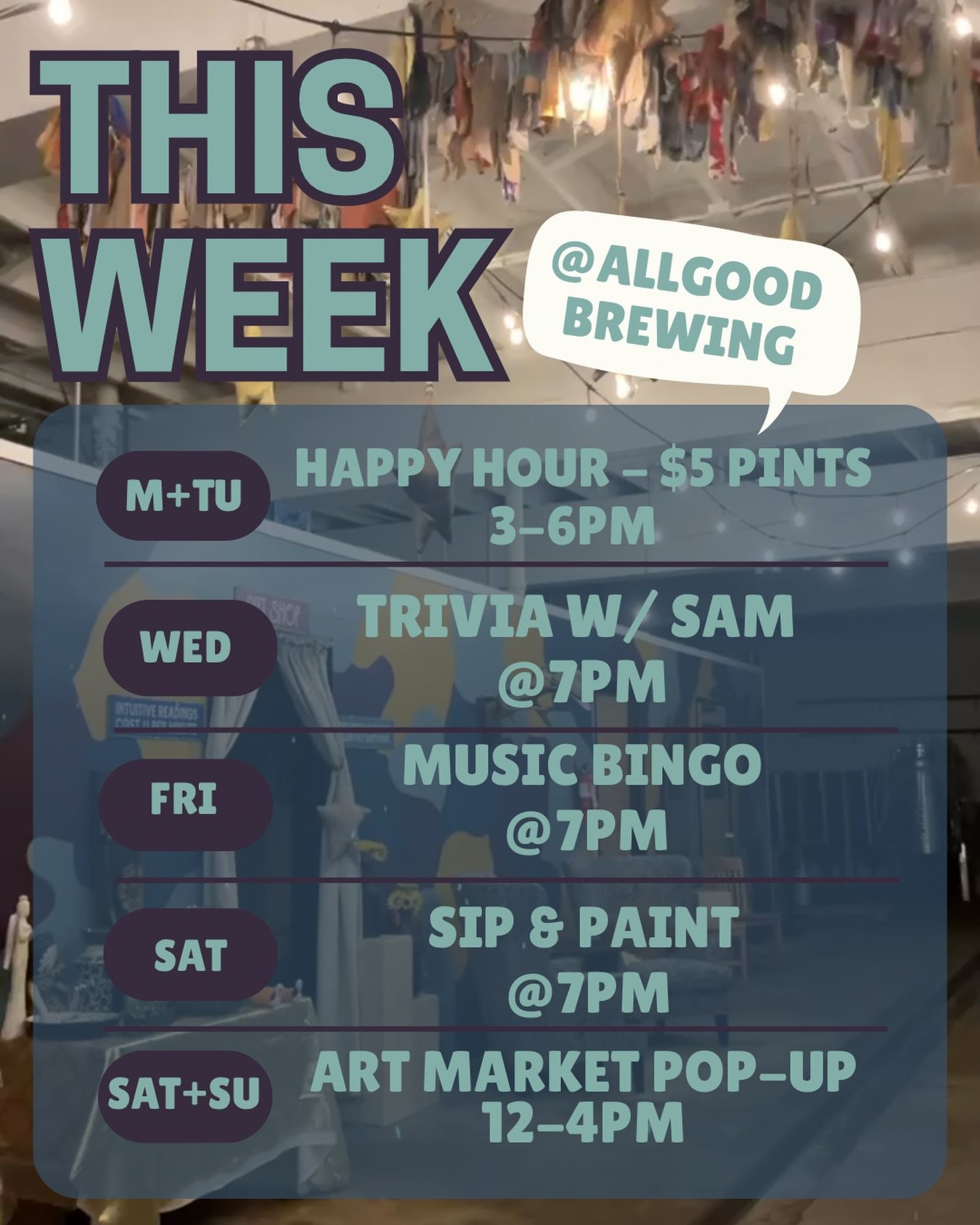 Almost forgot to post! Chill week ahead and a reminder that happy hour is now on MONDAY + TUESDAY ONLY.

TUES
Dining room closed for speaker series from 7-8pm

WED
Trivia Winter Cup action w/ @triviasampdx 
Defend your title or knock someone off the 