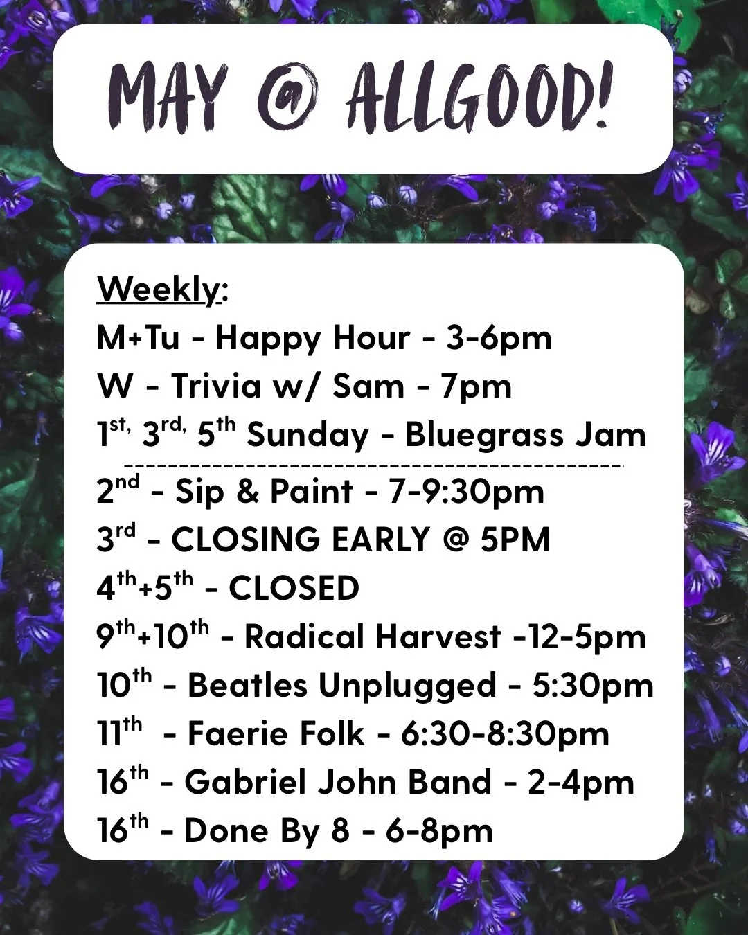 WOWZA, how is it May already.🥴 

Here&rsquo;s what&rsquo;s going on this month! You know the drill on weekly happenings.🍻

🚨WE ARE OFFICIALLY CLOSED ON TUESDAYS NOW!

5/2 - SIP &amp; PAINT W/ @bottleandbottegapdx 7-9:30PM

5/3 - CLOSING EARLY @ 5P