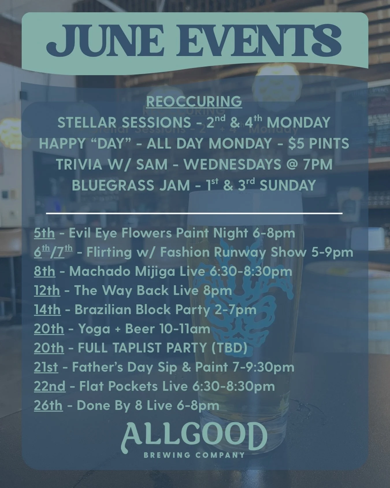 JUNE ALREADY?!

HAPPY HOUR IS ALL DAY ON MONDAYS NOW, but it is also JUST $5 PINTS now, not the whole shebang.🤪

There will definitely be some more detailed posts but here&rsquo;s the quick and dirty!! 

So much fun stuff and lots of private events 
