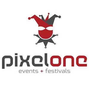 Logo for PixelOne events and festivals featuring a jester's face with a playful design in red, gray, and black.