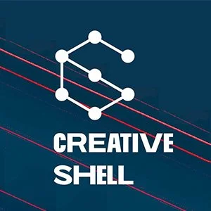 Graphic with molecules connected by lines above the text 'CREATIVE SHELL' on a dark background with red diagonal lines.