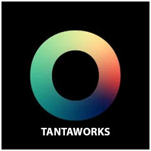Colorful circular logo with the text "TANTAWORKS" underneath, set against a black background.