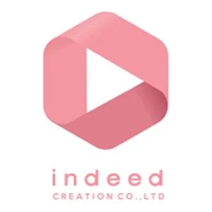 A pink hexagon with a white play button in the center, and the word "indeed" written below it, followed by smaller text "CREATION CO., LTD".