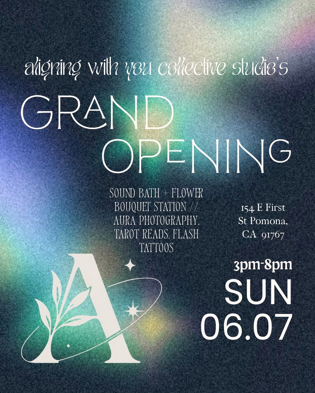 grand opening of aligning with you collective studio event 💐

Celebrate the opening of a creative + wellness studio located in Downtown Pomona on Sunday, June 7 from 3pm-8pm 💌

🎧🛁 starting with a sound bath 
💐 flower bouquet station
📸 capture y
