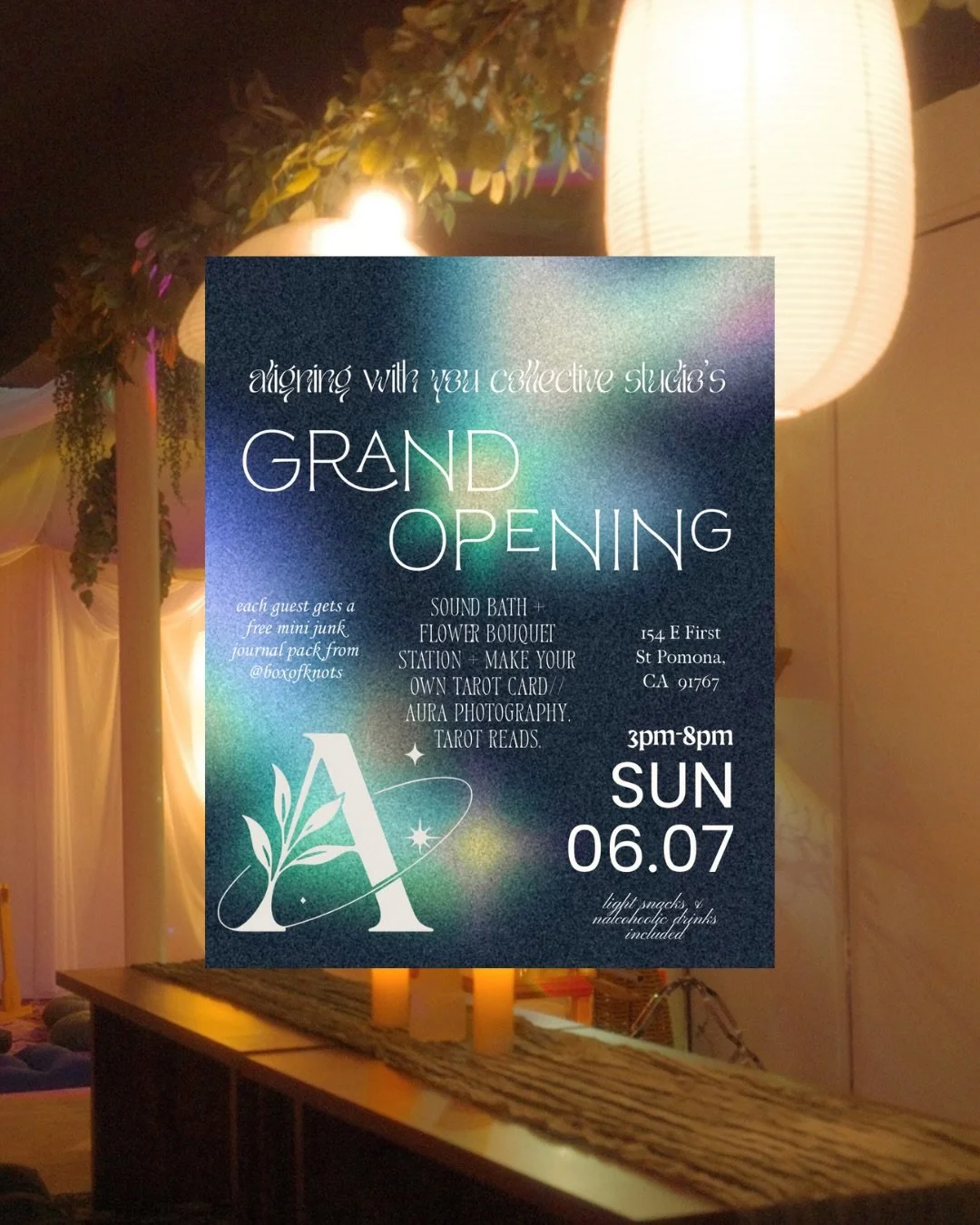 UPDATED: grand opening of Aligning With You Collective Studio 💐

Celebrate the opening of a creative + wellness studio in Antique Row, Downtown Pomona on Sunday, June 7 from 3pm&ndash;8pm ✨
An evening centered around creativity, community, grounding