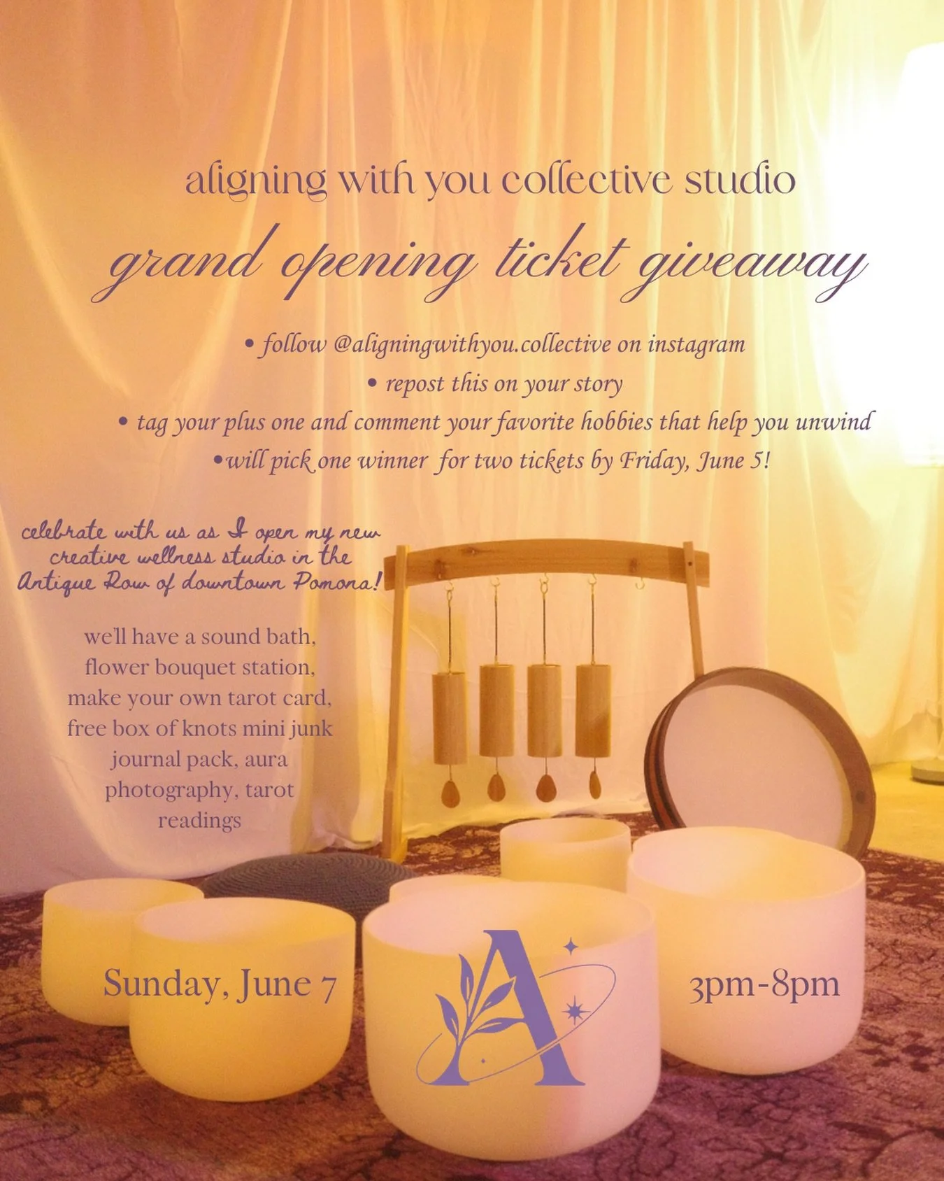 GIVEAWAY: grand opening of Aligning With You Collective Studio 💐

2 spots just opened up so I&rsquo;m giving away two tickets! There will be one winner + their plus one!

RULES:
&bull; must be following @aligningwithyou.collective 
&bull; repost thi