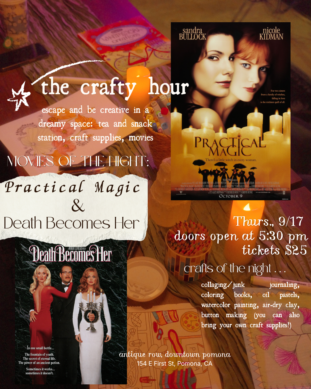 RESCHEDULED: the crafty hour: practical magic &amp; death becomes her