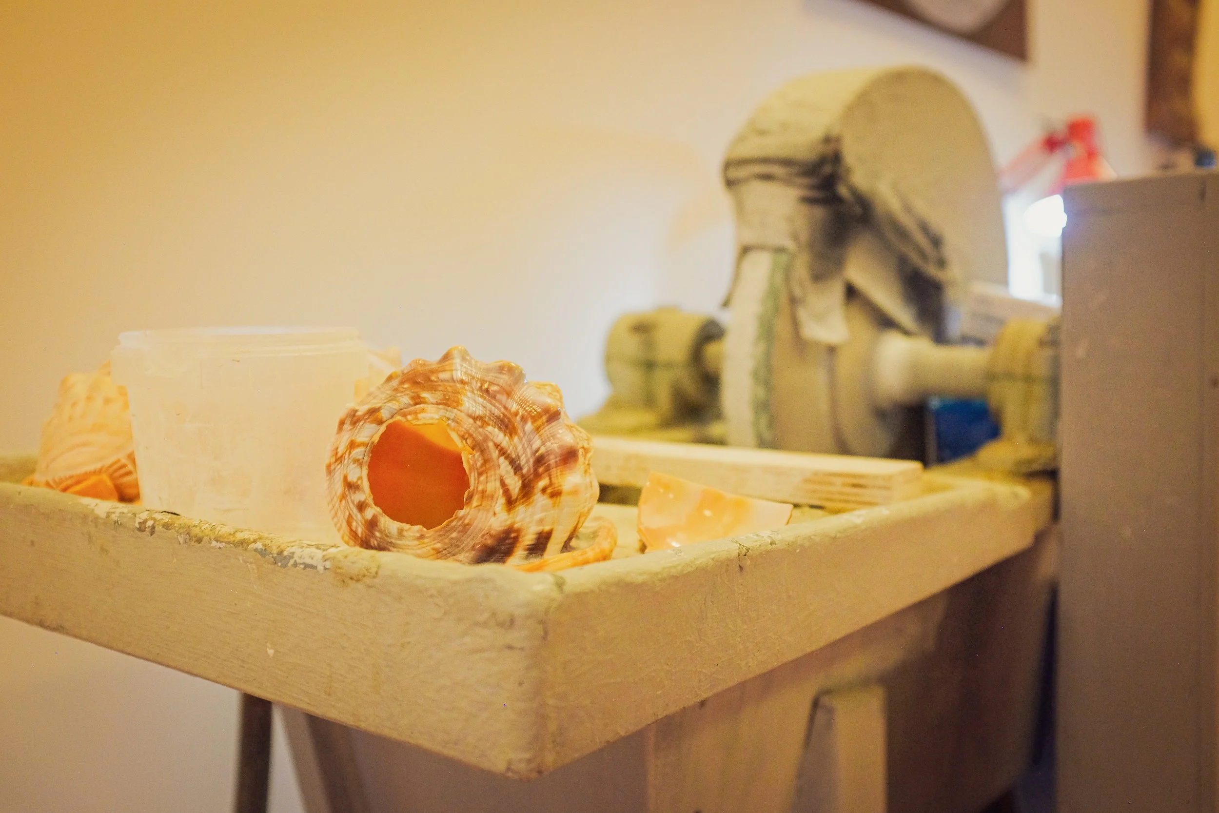 A workbench with shells, a plastic container, and a stone grinding wheel.