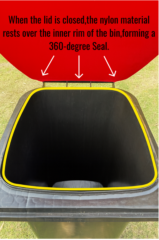 Open trash bin with yellow rim and black interior, with a red lid partially covering the top. An overlay instructs that when the lid is closed, the nylon material seals over the inner rim, forming a 360-degree seal.