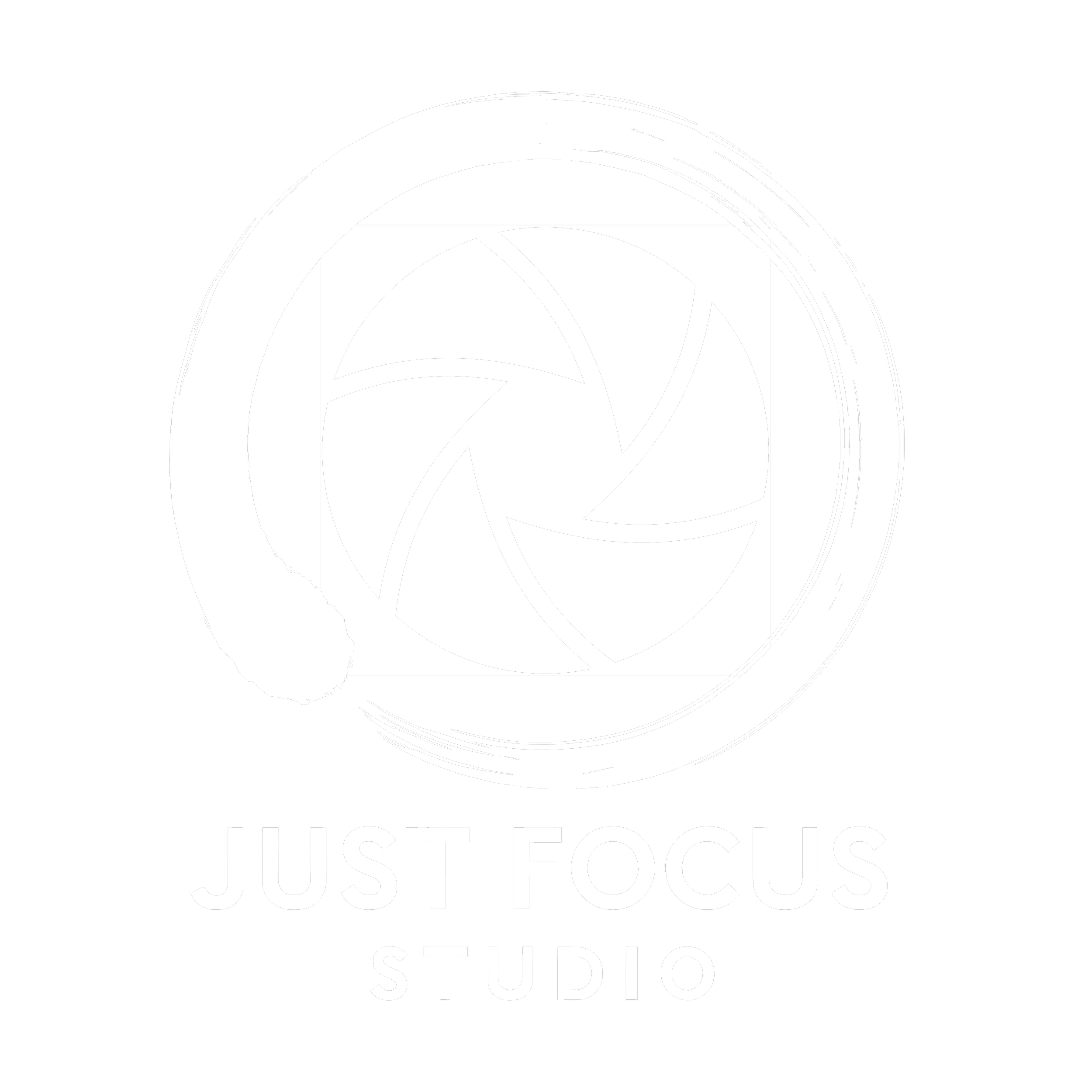 Black background with a white camera lens icon and the text "Just Focus Studio" underneath.
