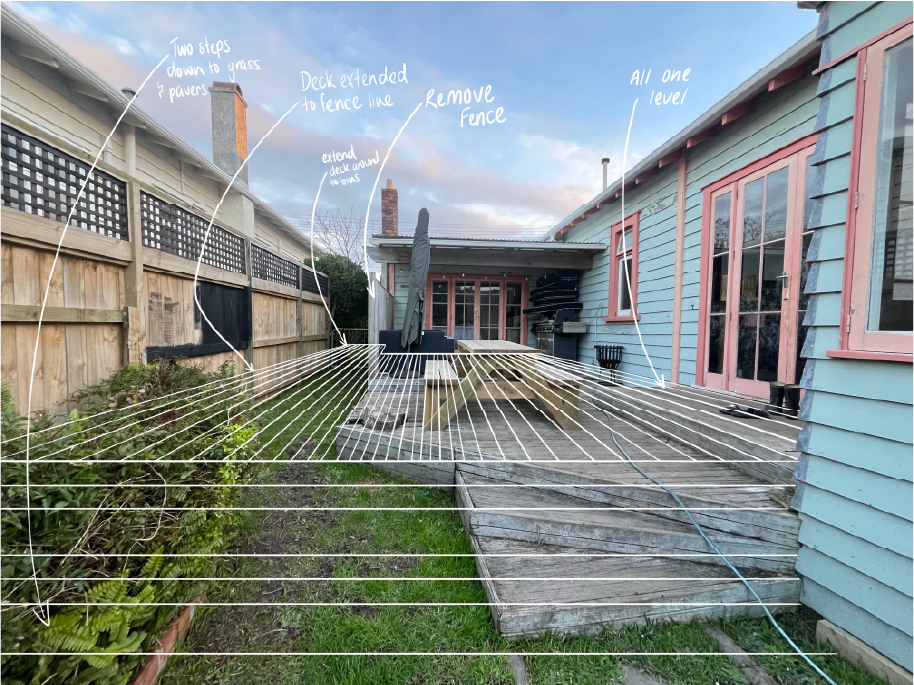 Backyard patio with deck, outdoor furniture, and a fence being extended and modified, with annotations showing steps to fence installation.