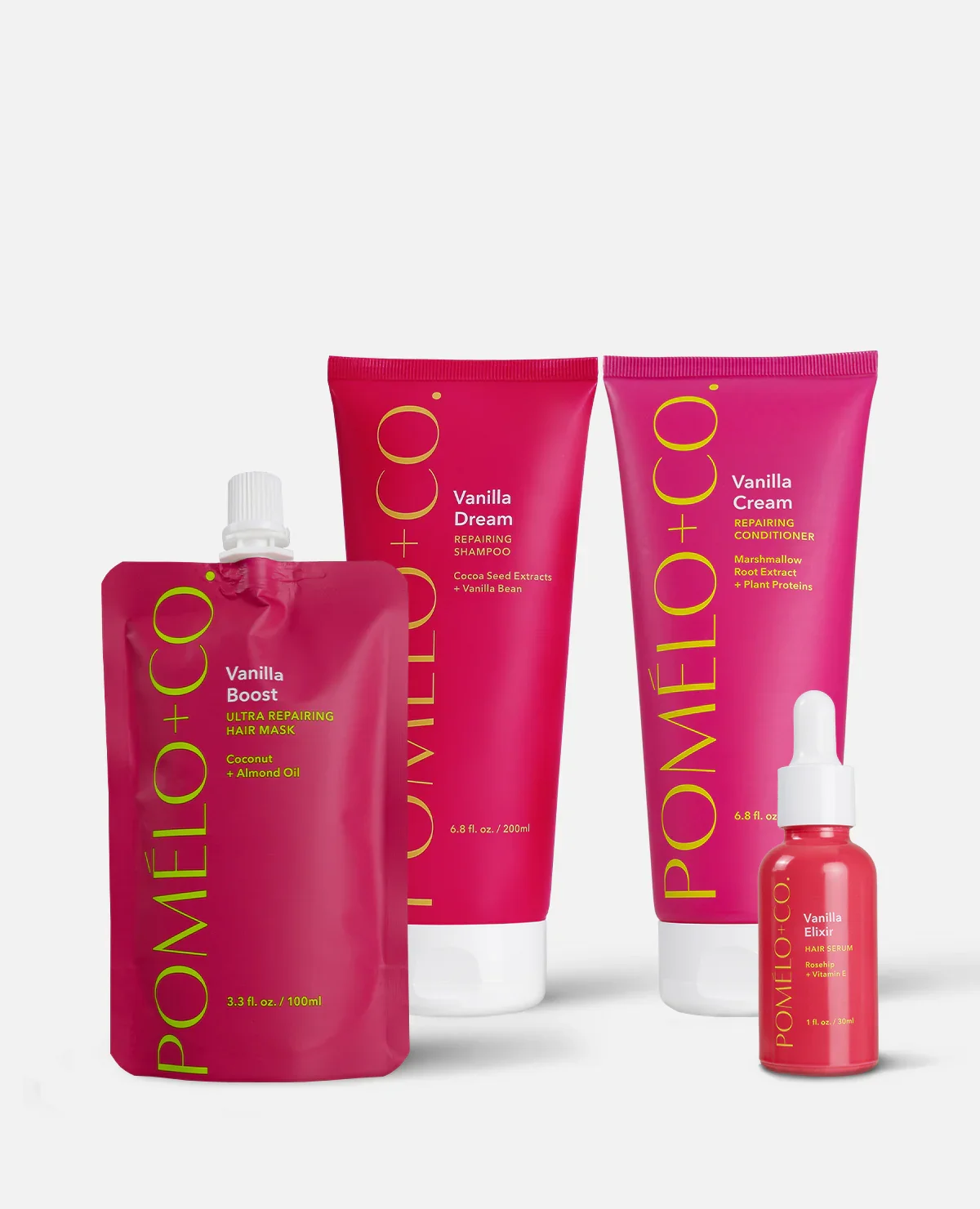 Pomi + Co Haarpflegeprodukte in pinken Verpackungen, darunter Shampoo, Conditioner, Haarmaske und Haarserum.