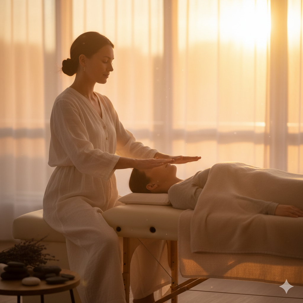 woman giving reiki in spa room with sunset