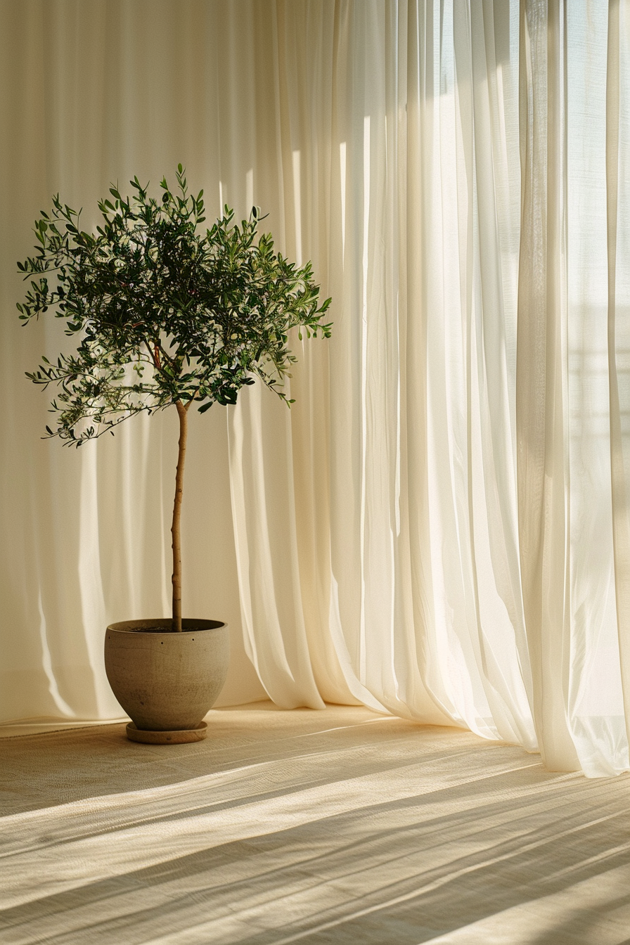 woman giving ficus tree in reiki spa room with white curtain backgroundin spa room with sunset