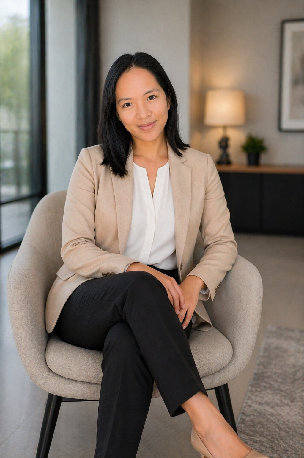 A woman with black hair sitting on a beige chair in a modern, well-lit room with a large window, a lamp, and framed artwork on the wall.