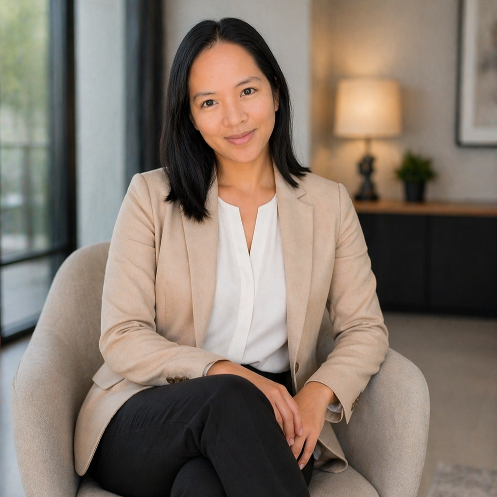 A professional woman with black hair, sitting in an armchair indoors, smiling, with a lamp and potted plant in the background.