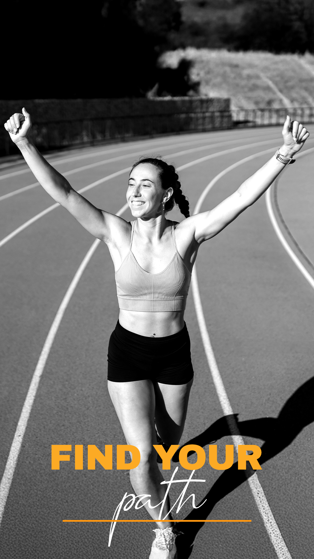 A woman crossing the finish line on a running track with her arms raised in victory, smiling with closed eyes, wearing sportswear, with a digitally drawn crown above her head and the words "FIND YOUR path" in bold and script fonts overlaid on the ima
